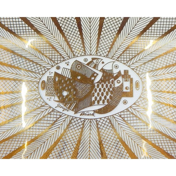 Georges Briard Glass Gold Abstract Bird Dove Herringbone Plate Tray 11 Inch - Picture 3 of 12